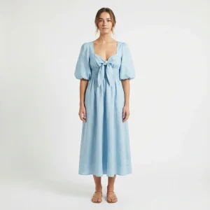 Luna | Mujer Azul claro Vestido Midi Con Mangas Abullonadas Y Cintura Fruncida | Romántico