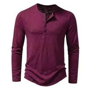 Camiseta de hombre tipo Henley de manga larga con botones y textura flameada