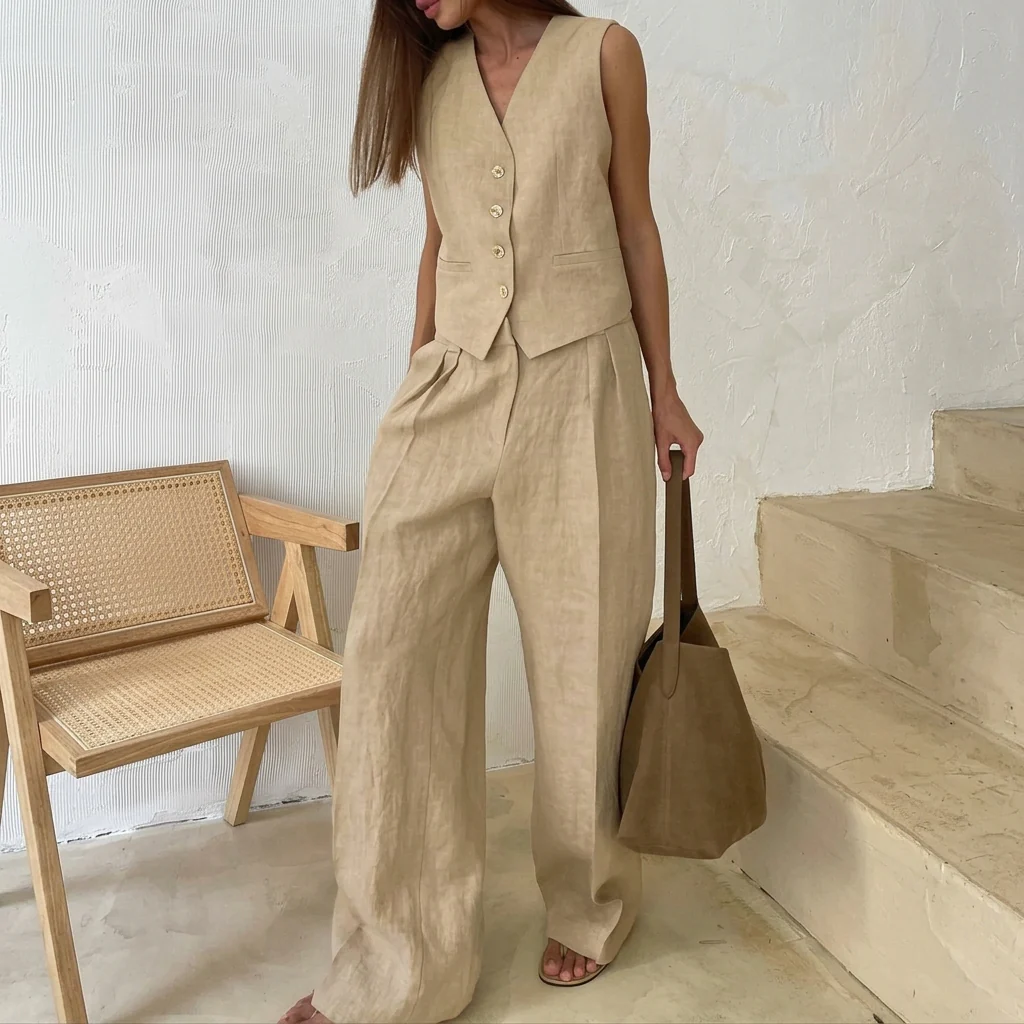 Conjunto de mujer con chaleco sin mangas y pantalón de pierna ancha - Imagen 4