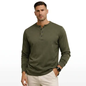 Hombre Camiseta henley de manga larga con tapeta de botones