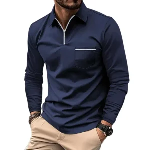 Hombre Camiseta Polo de Manga Larga con Cremallera Media y Bolsillo en el Pecho