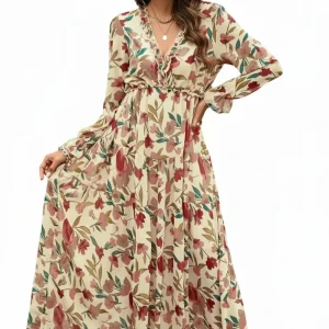 Vestido largo de mujer de manga larga con escote en V y falda en capas con estampado floral