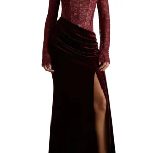 Vestido largo mujer con parte superior de encaje y abertura lateral