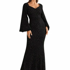 Vestido Maxi de Lentejuelas para Mujer con Escote en V y Mangas Acampanadas