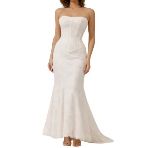 Vestido maxi de mujer sin tirantes con cuerpo estructurado y bajo acampanado